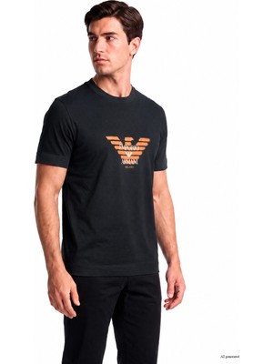 Emporio Armani Erkek Kartal Logo Baskılı Normal Kalıp Yuvarlak Yakalı Kısa Kollu Lacivert T-Shirt EM006765 AF10017-UB118