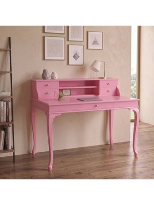 Roys Ahşap 110 cm 5 Çekmeceli Pembe Raflı Masif Çalışma Masası