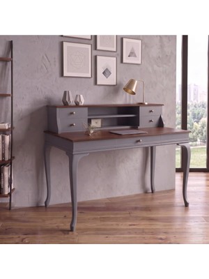 Roys Ahşap 110 cm 5 Çekmeceli Gri Ceviz Raflı Masif Çalışma Masası