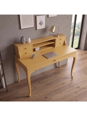 Roys Ahşap 100 cm 5 Çekmeceli Sarı Raflı Masif Çalışma Masası