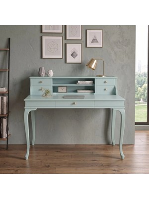 Roys Ahşap 120 cm 5 Çekmeceli Su Yeşili Raflı Masif Çalışma Masası