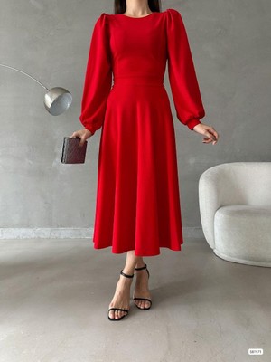Merlavin Kadın Balon Kol Etek Detay Ithal Krep Kumaş Elbise (Renkli)