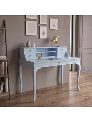 Roys Ahşap 110 cm 5 Çekmeceli Açık Mavi Raflı Masif Çalışma Masası
