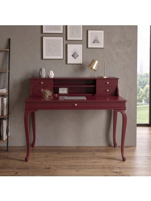 Roys Ahşap 120 cm 5 Çekmeceli Bordo Raflı Masif Çalışma Masası