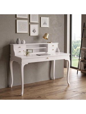 Roys Ahşap 110 cm 5 Çekmeceli Beyaz Raflı Masif Çalışma Masası