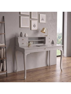 Roys Ahşap 100 cm 5 Çekmeceli Açık Gri Raflı Masif Çalışma Masası