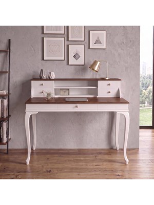 Roys Ahşap 120 cm 5 Çekmeceli Beyaz Ceviz Raflı Masif Çalışma Masası