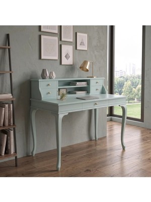 Roys Ahşap 110 cm 5 Çekmeceli Su Yeşili Raflı Masif Çalışma Masası