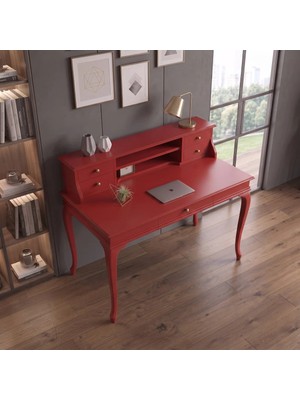 Roys Ahşap 100 cm 5 Çekmeceli Kırmızı Raflı Masif Çalışma Masası