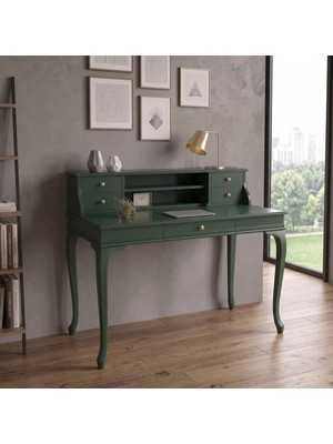Roys Ahşap 110 cm 5 Çekmeceli Yeşil Raflı Masif Çalışma Masası