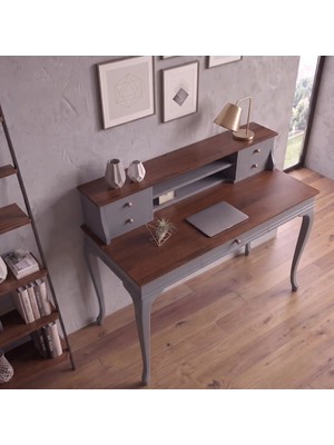 Roys Ahşap 100 cm 5 Çekmeceli Gri Ceviz Raflı Masif Çalışma Masası