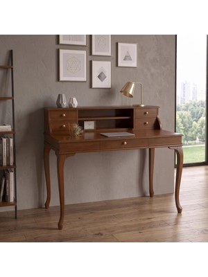 Roys Ahşap 110 cm 5 Çekmeceli Açık Ceviz Raflı Masif Çalışma Masası