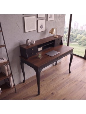 Roys Ahşap 100 cm 5 Çekmeceli Siyah Ceviz Raflı Masif Çalışma Masası