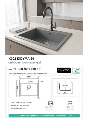 Güney Ankastre Realstone K002 Dıdyma 60 60 × 53 cm Gri Granit Evye + Güçlendirilmiş Tek Giderli Sifon ve Montaj Seti