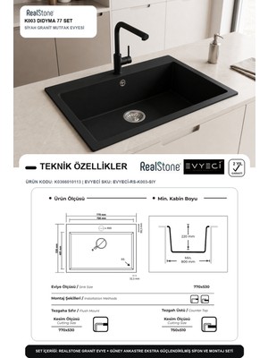 Güney Ankastre Realstone K003 Dıdyma 77 77 × 53 cm Siyah Granit Evye + Güçlendirilmiş Tek Giderli Sifon ve Montaj Seti