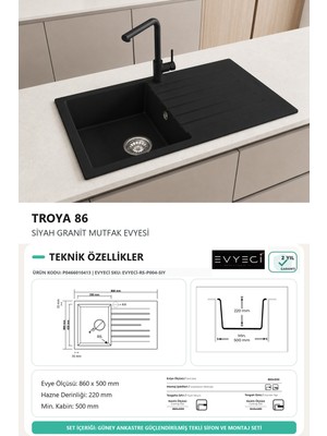 Güney Ankastre Realstone P004 Troya 86 86 × 50 cm Siyah Granit Evye + Güçlendirilmiş Tek Giderli Sifon ve Montaj Seti