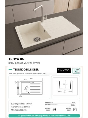 Güney Ankastre Realstone P004 Troya 86 86 × 50 cm Krem Granit Evye + Güçlendirilmiş Tek Giderli Sifon ve Montaj Seti