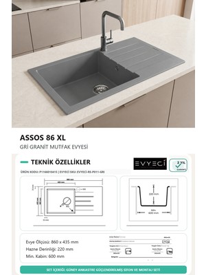 Güney Ankastre Realstone P011 Assos 86 Xl 86 × 43,5 cm Gri Granit Evye + Güçlendirilmiş Tek Giderli Sifon ve Montaj Seti
