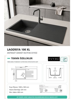 Güney Ankastre Realstone P015 Laodıkya 100 Xl 100 × 50 cm Antrasit Granit Evye + Güçlendirilmiş Tek Giderli Sifon ve Montaj Seti