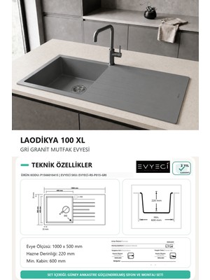 Güney Ankastre Realstone P015 Laodıkya 100 Xl 100 × 50 cm Gri Granit Evye + Güçlendirilmiş Tek Giderli Sifon ve Montaj Seti