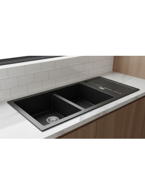 Güney Ankastre Realstone P024 Artemis 100 × 46 cm Siyah Granit Evye + Güçlendirilmiş Çift Giderli Sifon ve Montaj Seti