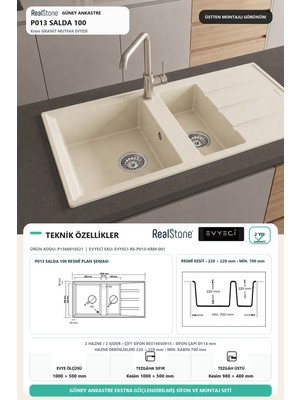 Güney Ankastre Realstone P013 Salda 100 100 × 50 cm Krem Granit Evye + Güçlendirilmiş Çift Giderli Sifon ve Montaj Seti