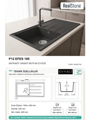 Güney Ankastre Realstone P012 Efes 100 100 × 50 cm Antrasit Granit Evye + Güçlendirilmiş Tek Giderli Sifon ve Montaj Seti
