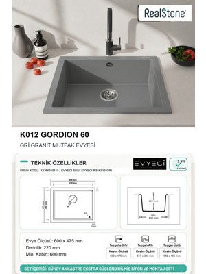 Güney Ankastre Realstone K012 Gordıon 60 60×47,5 cm Gri Granit Evye + Güçlendirilmiş Sifon Seti