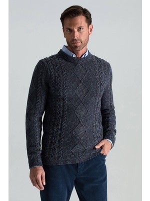 Hemington Merino Yün-İpek Karışım Aran Örgülü Lacivert Kazak