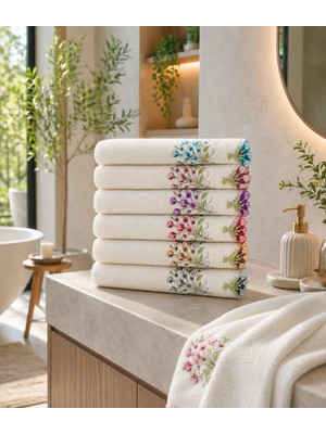 Bella Home Yoncagül 50X90 cm Bukle Dokulu Küpeli Nakışlı El Havlusu | 6 Adet | %100 Pamuk | Yumuşak ve Emici | Şık Tasarım