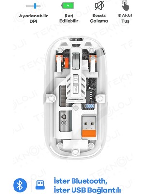 Genel Tedarik Bluetooth USB Çift Modlu Sessiz Mouse, Şeffaf Mıknatıslı Kapaklı, Type-C Şarjlı, Dpı Ayarlı, Kablosuz 10M Çekim Mesafeli, Masaüstü Kısayol Tuşlu, Taşınabilir Şarjlı Mouse Beyaz