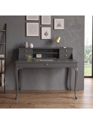 Wooding Mobilya 120 cm 5 Çekmeceli Antrasit Raflı Masif Çalışma Masası