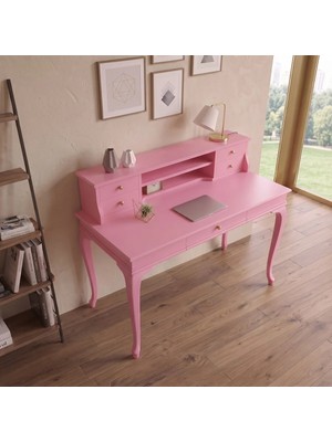 Wooding Mobilya 100 cm 5 Çekmeceli Pembe Raflı Masif Çalışma Masası