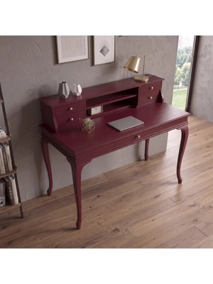 Wooding Mobilya 100 cm 5 Çekmeceli Bordo Raflı Masif Çalışma Masası