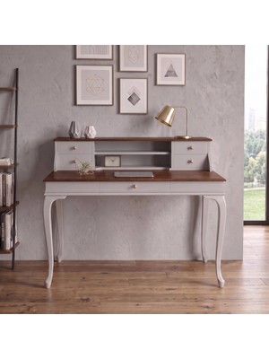 Wooding Mobilya 120 cm 5 Çekmeceli Açık Gri Ceviz Raflı Masif Çalışma Masası