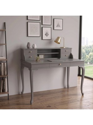 Wooding Mobilya 110 cm 5 Çekmeceli Gri Raflı Masif Çalışma Masası
