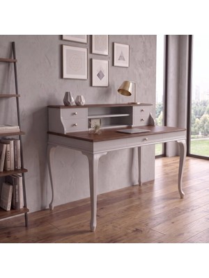 Wooding Mobilya 110 cm 5 Çekmeceli Açık Gri Ceviz Raflı Masif Çalışma Masası