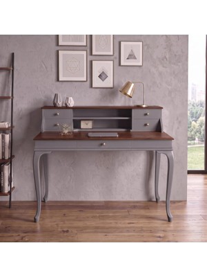 Wooding Mobilya 120 cm 5 Çekmeceli Gri Ceviz Raflı Masif Çalışma Masası
