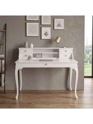 Wooding Mobilya 120 cm 5 Çekmeceli Beyaz Raflı Masif Çalışma Masası