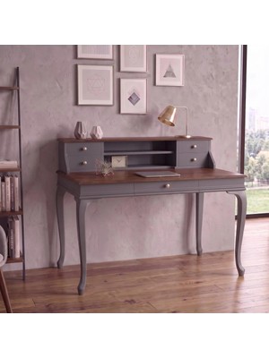 Wooding Mobilya 110 cm 5 Çekmeceli Antrasit Ceviz Raflı Masif Çalışma Masası