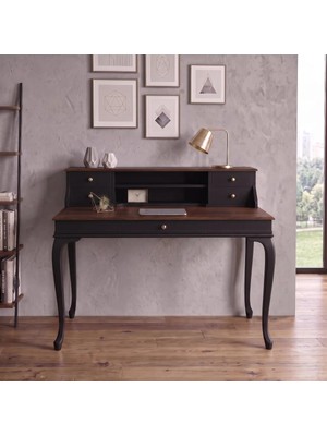 Wooding Mobilya 120 cm 5 Çekmeceli Siyah Ceviz Raflı Masif Çalışma Masası