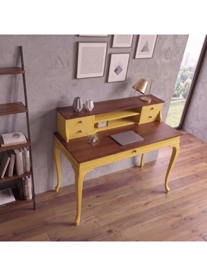 Wooding Mobilya 100 cm 5 Çekmeceli Sarı Ceviz Raflı Masif Çalışma Masası
