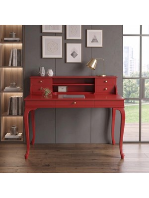Wooding Mobilya 120 cm 5 Çekmeceli Kırmızı Raflı Masif Çalışma Masası