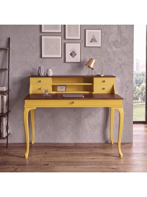 Wooding Mobilya 120 cm 5 Çekmeceli Sarı Ceviz Raflı Masif Çalışma Masası