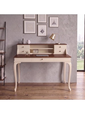 Wooding Mobilya 120 cm 5 Çekmeceli Krem Ceviz Raflı Masif Çalışma Masası
