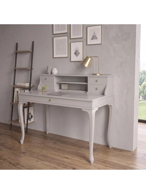 Wooding Mobilya 110 cm 5 Çekmeceli Açık Gri Raflı Masif Çalışma Masası