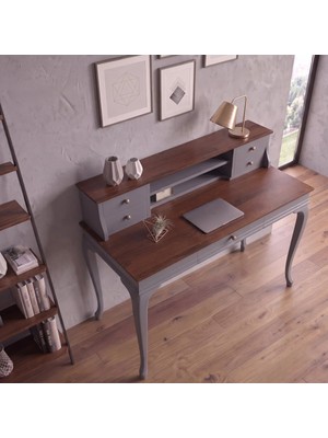 Wooding Mobilya 100 cm 5 Çekmeceli Gri Ceviz Raflı Masif Çalışma Masası