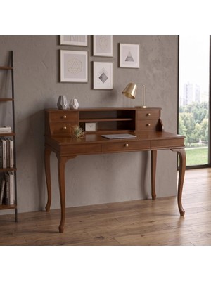 Wooding Mobilya 110 cm 5 Çekmeceli Açık Ceviz Raflı Masif Çalışma Masası