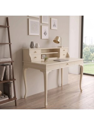 Wooding Mobilya 110 cm 5 Çekmeceli Krem Raflı Masif Çalışma Masası