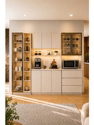 Avmpark Dolce 3 Kapaklı Kahve Köşesi + Çekmeceli Modül + Raflı Dolap Temperli Cam Kapaklı Çok Amaçlı Dolap LED Işıklı 208 cm